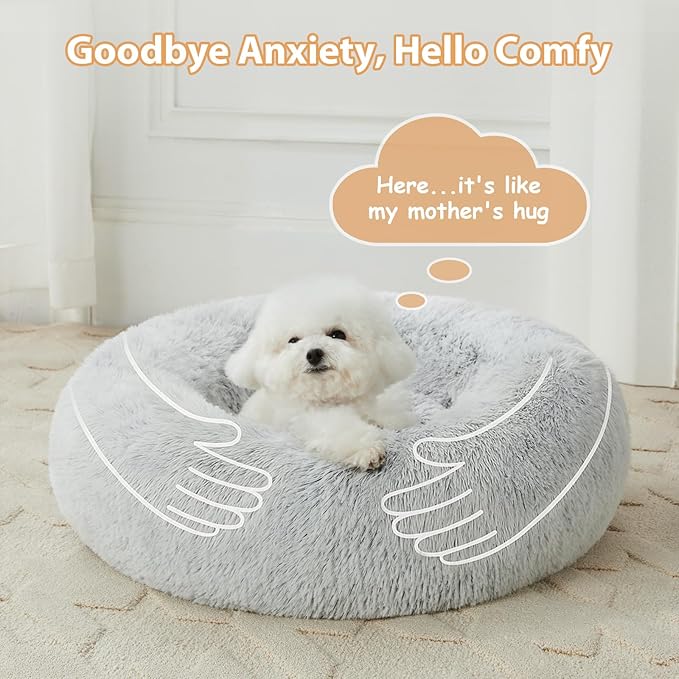 WNPETHOME Calming Dog Bed Cat Bed Donut, Faux Fur Pet Bed Self-Warming Donut Cuddler, Comfortable Round Plush Dog Beds(20 x 20 x 8 Inch, Light Grey)