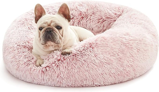 Love's cabin Calming Cat Bed for Indoor Cats,Anti-Anxiety Donut Round Dog Bed,Fluffy Faux Fur Washable Pet Bed for Small Medium Dogs and Cats,Pink,24in