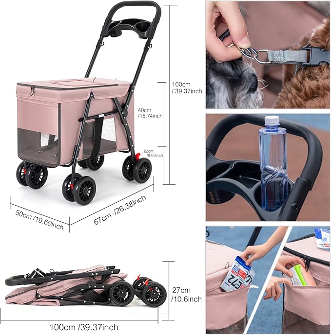 Pet Stroller Cat Dog Stroller Travel Folding Pet Carriers（Pink）
