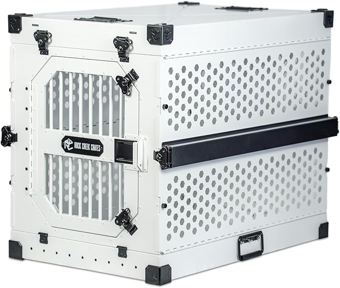 ROCK CREEK CRATES Collapsible Dog Crate: Meticulously Engineered, Durable Aluminum Construction, Non Slip Feet | 10 Year Warranty | Ideal for Indoor & Vehicle Use (White Snowfall, 30 Inch)