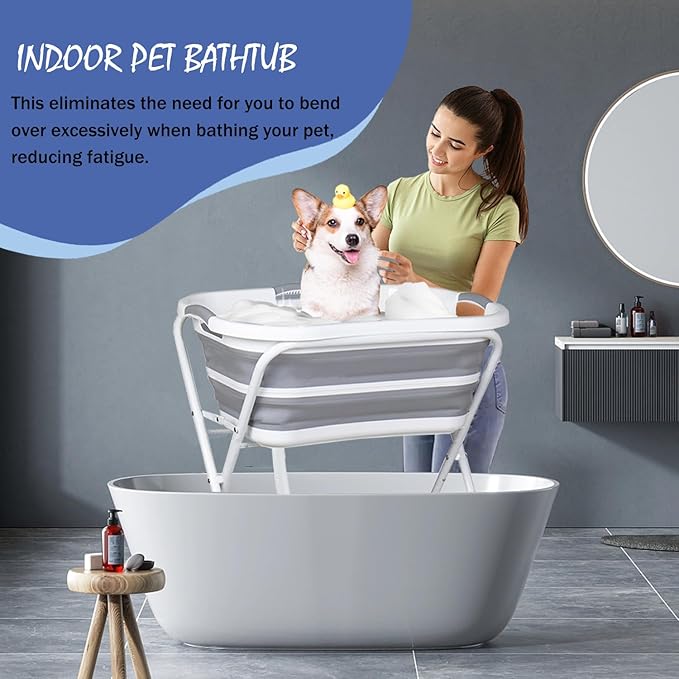 Portable Dog Bath Tub and Dog Washing Station, Collapsible Elevated Pet Tub for Bathing, Showering, Grooming, Pet Bathing Basin for Small to Medium Dogs, Cats and Other Pets (Built-in Drainage System)