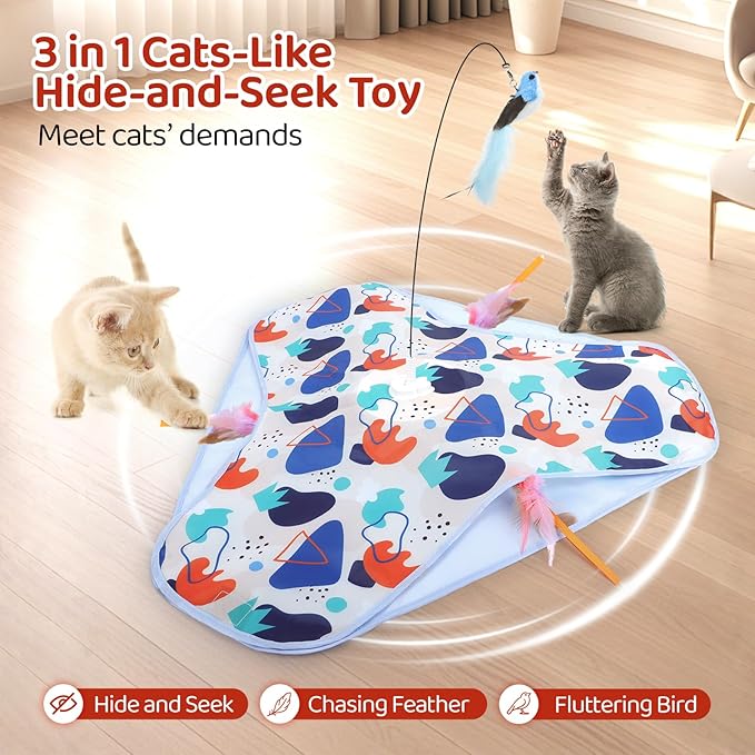 Interactive Cat Toys, Rechargeable Hide and Seek Cat Toys, Durable Stable Base Touch Activated Kitten Toy with Bird Cat Wand, Waving Concealed Feather Exercise Toy for Indoor Bored Cats/Kitten