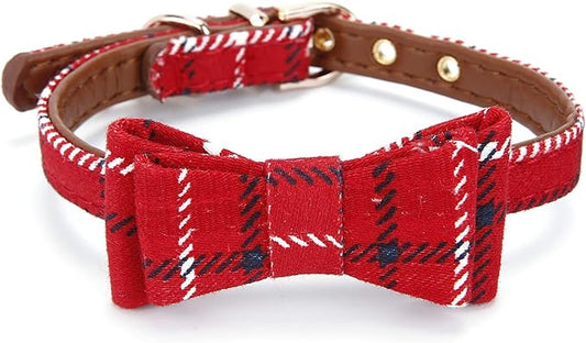 Puppy Collars for Small Dogs - StrawberryEC Adjustable Puppy Id Buckle Collar Leather. Cute Plaid Bandana Dog Collar (Bow-Red Grid)
