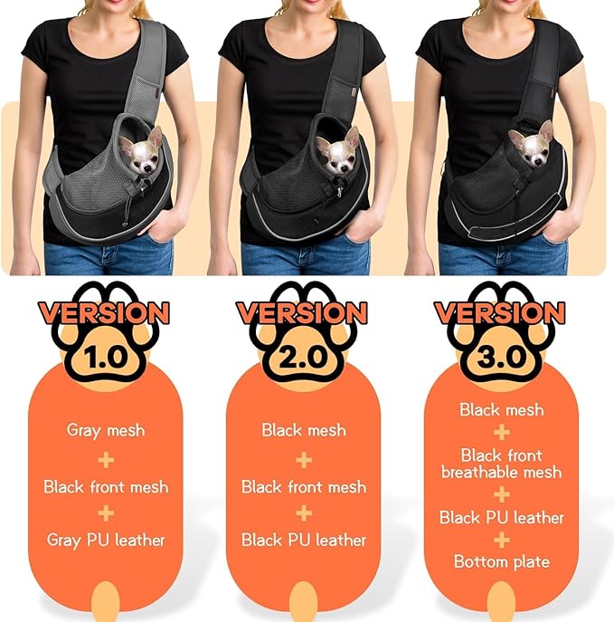 YUDODO Pet Sling Carrier for Small Dogs & Cats – Hands-Free Puppy Carrier with Safety Hook, Large Zipper Pocket, Soft Breathable Mesh, Adjustable Strap & Reflective Strip (Black 2.0 M)