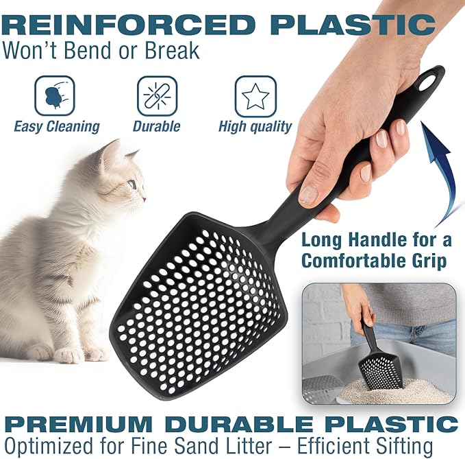 Set of 3 Cat Litter Scoop with Small Holes for Fine Litter, Hanging Handle Deep Reptile Terrarium Sand Sifter, Poop Scooper Rabbit Pooper Lifter Kitten Sifting Shovel (Black, Set of 3)