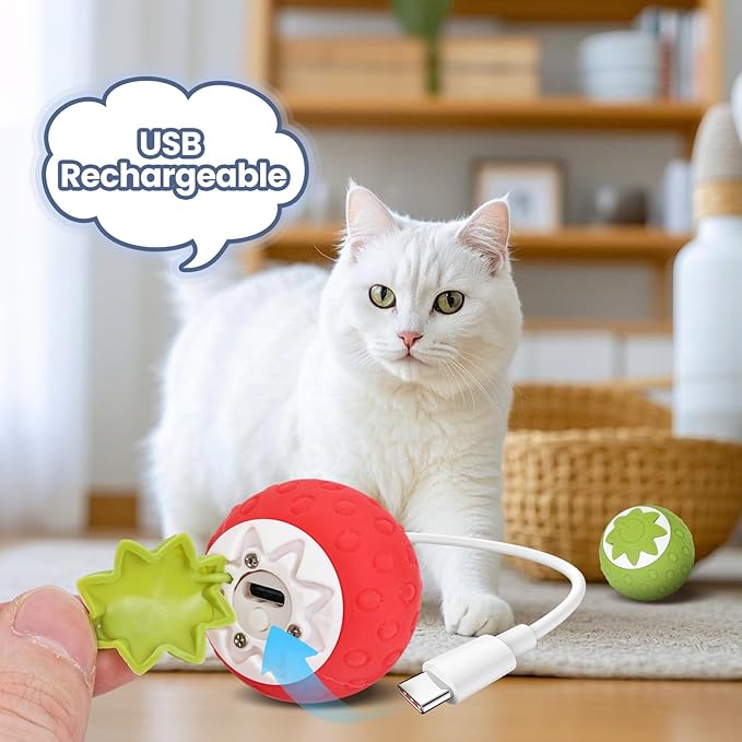 2Pcs Self-Moving Electric Cat Toy Ball with LED - Automatic Interactive Cat Toys for Indoor Cats, Smart Strawberry Design Stimulates Hunting Instincts, Boredom Relief & Exercise for Solo Play