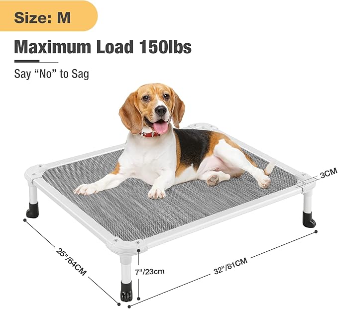 Veehoo Chew Proof Elevated Dog Bed - Cooling Raised Pet Cot - Silver Aluminum Frame and Durable Textilene Mesh Fabric, Unique Designed No-Slip Feet for Indoor or Outdoor Use, Black Silver, Medium