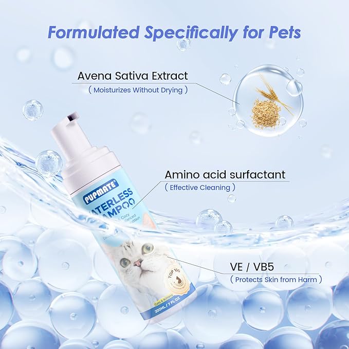 Cat Waterless Shampoo - No Rinse Formula for Quick Clean Between Baths, Hypoallergenic & Detangling, Reduce Itchy Skin Shedding & Odor Control,Vet-Recommended for Kittens/Senior Cats