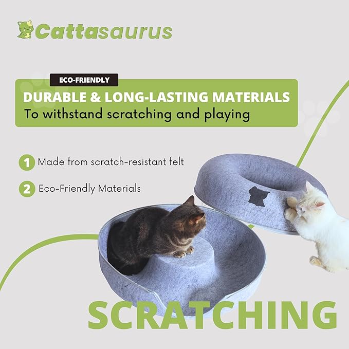 Cattasaurus Peekaboo Cat Cave, Extra Spacious for Multiple & Large Cats 12+ lbs, Scratch Detachable Beds for Indoor Cats, Washable Tunnel Bed, Comfy Cat Donut Tunnel (Light Gray+Light Gray, Jumbo)