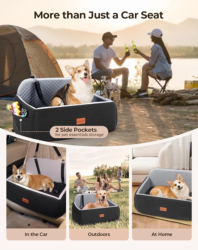 Dog Car Seat for Large Medium Dogs, Pet Car Seat Under 55 lbs or 2 Puppies, Removable Washable Pets Travel Booster Bed for Automotive Backseat with Comfy Thick Cushion, 2 Safety Leashes(Black/Gray)