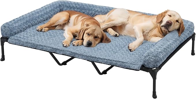 Veehoo Cooling Elevated Dog Bed Add Removable Deluxe Rose Plush Bolster Cushion Mat, 59" x 37" Washable Dog Couch Bed, Raised Pet Cot with Breathable Teslin Mesh, No-Slip Feet, Haze Blue, CWC2439B