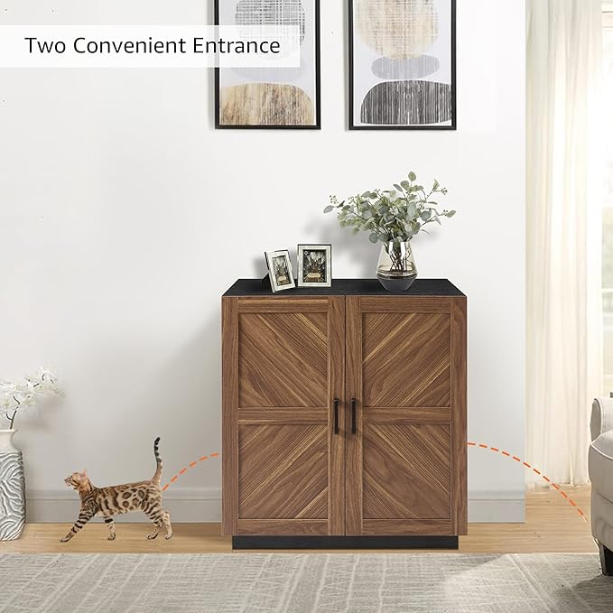 unipaws Cat Litter Box Enclosure with Shelves, Tall Hidden Litter Box Cover for Tall or Top Entry Litter Box, Kitty Enclosed Litter Box Cabinet, Cat Box Furniture, Walnut