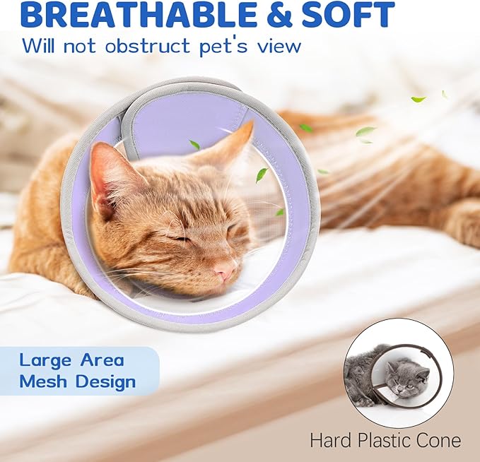 Breathable Air Mesh Cat Cone Collar Soft to Stop Licking, Adjustable, Foldable Lightweight Kitten Cones After Surgery Recovery for Cats & Kittens (Light Purple,M)