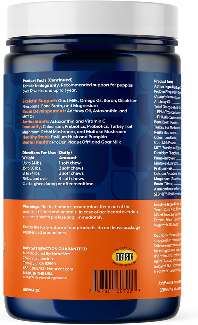 NaturVet All-In-One Puppy Daily Care, 6-In-1 Support Dog Soft Chews to Help Bones, Joints, Digestion, Teeth, Cognition, and More, Hickory Smoked Bacon Flavored Pet Supplement for Puppies, 60 Count Jar