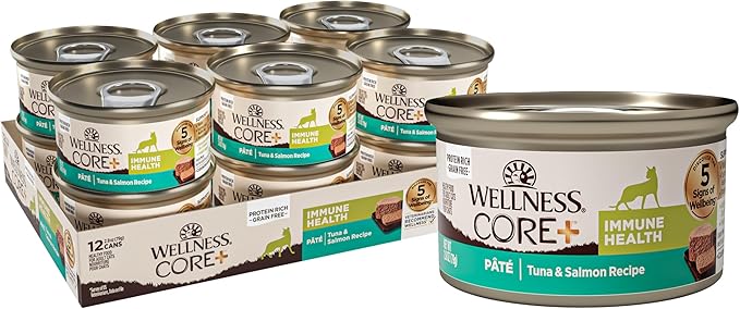 Wellness CORE+ Immune Health Pate Adult Wet Cat Food, Natural, Protein-Rich, Grain Free, 2.8 Ounce, 12 Pack (Tuna & Salmon)