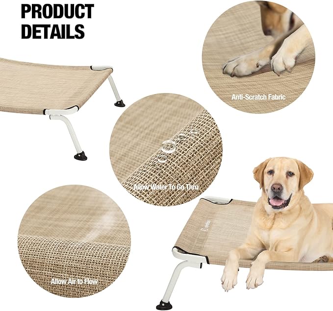 Veehoo Elevated Dog Bed for Outdoor, Cooling Waterproof Raised Dog Cots Beds for Medium Dogs, Curved Off Ground Pet Hammock Cot Lifted for Outside, up to 65lbs, White Legs, Beige 32"