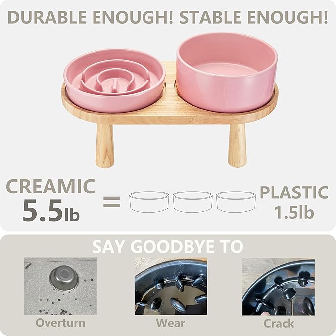 Ceramic Slow Feeder and Water Bowl Set for Small Dogs, Ceramic Dog Bowls Elevated with Wooden Stand, 0.6 Cups Dog Slow Feeder(14oz) and 30oz Water Bowl Set, Pink