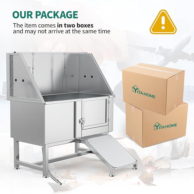 YITAHOME Dog Grooming Bathtub, Professional Stainless Steel 304 Dog Bathing Station w/Right Ramp, Faucet, Floor Grate, 50in Pet Washing Station for Large, Medium, Small Pets