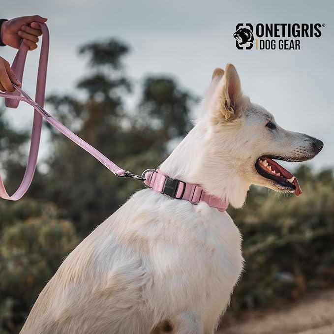 OneTigris Pink Dog Harness Leash Collar Set,Adjustable Dog Vest Harness for Walking Hiking Training(Medium)