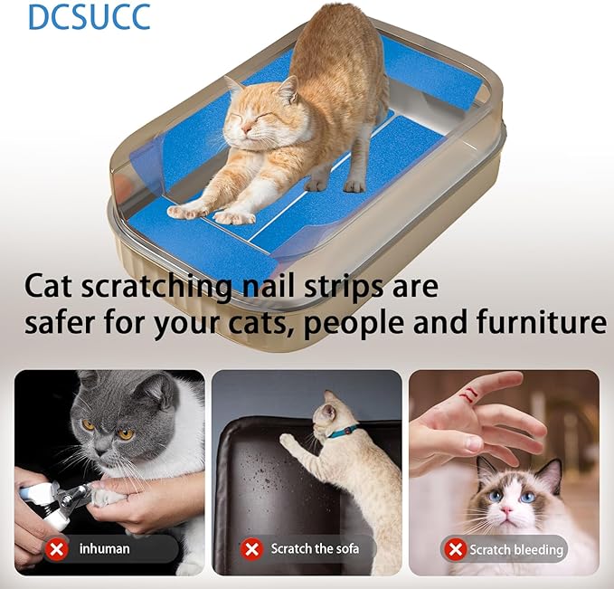 Cat Nail File Scratching Strips - 6 Pcs Cat Scratcher Liner for Litter Box, 3 Pairs Peel Stick Cat Strips in Different Sizes - Recommended for Litter Box Use (Blue)