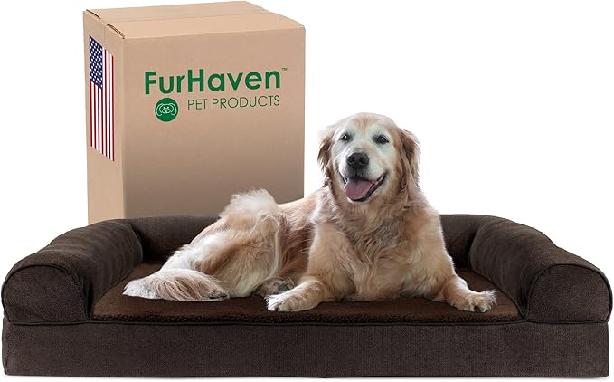 Furhaven Cooling Gel Dog Bed for Large Dogs w/ Removable Bolsters & Washable Cover, For Dogs Up to 95 lbs - Sherpa & Chenille Sofa - Coffee, Jumbo/XL