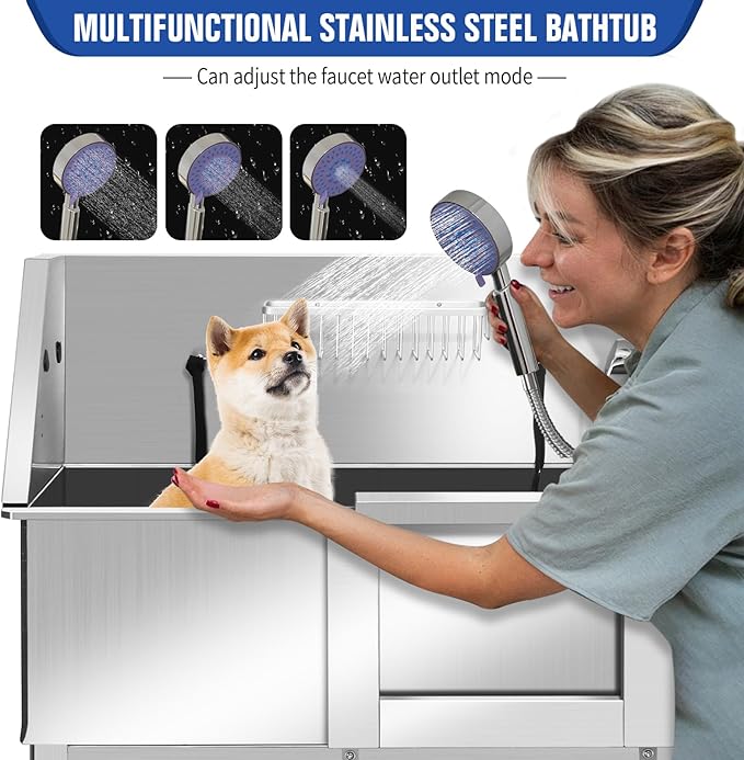 Dog Washing Station 38'' Stainless Steel Pet Grooming Tub for Large Dogs Over-Size Professional Dog Grooming Bathtub Station Wash Shower Sink Pet Grooming Bathtub Station