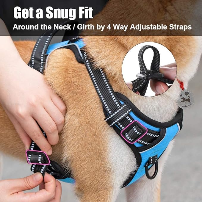 PoyPet No Pull Dog Harness, Reflective Comfortable Vest Harness with Front & Back 2 Leash Attachments and Easy Control Handle Adjustable Soft Padded Pet Vest for Small to Large Dogs (Blue,M)