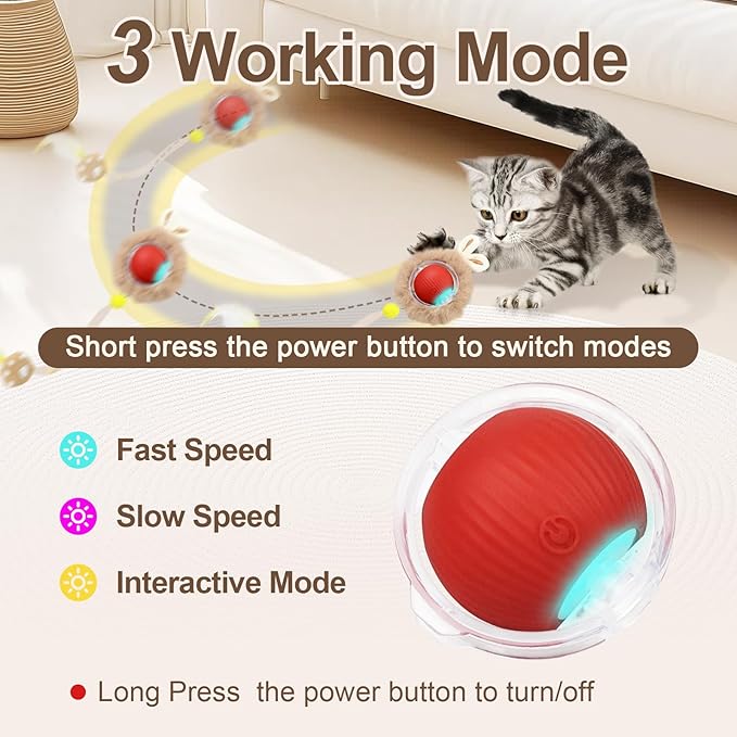 Interactive Cat Toys, Smart Rolling Ball in Play Mat, Automatic Speedy Moving Ball for Indoor Exercise, Motion Activated Pet Balls for Hide and Seek Mouse Catching Game (Red)