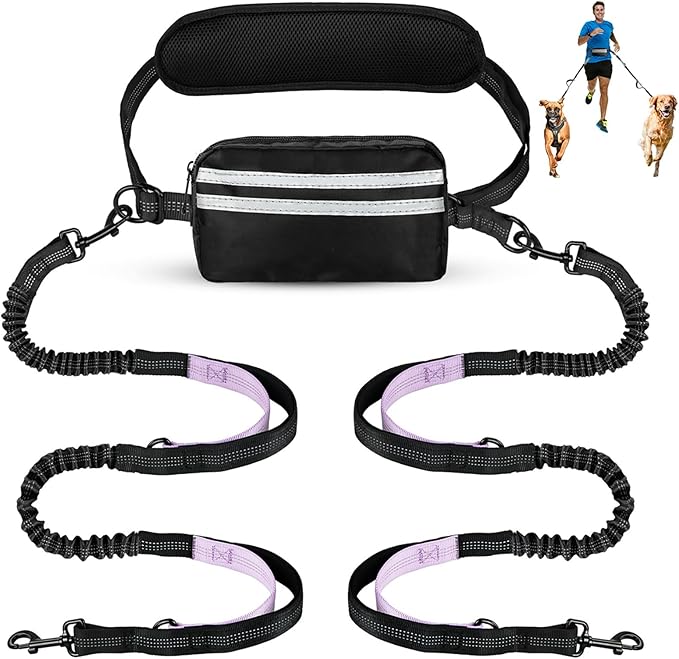 Hands Free Dog Leash with Pouch, Double Leash for Two Dogs, Retractable Bungee with Double Padded Handles, Dog Waist Leash for Dog Walking, Running Leash for Dogs, Dog Walking Accessories