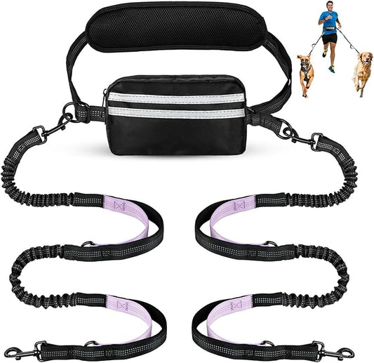 Hands Free Dog Leash with Pouch, Double Leash for Two Dogs, Retractable Bungee with Double Padded Handles, Dog Waist Leash for Dog Walking, Running Leash for Dogs, Dog Walking Accessories