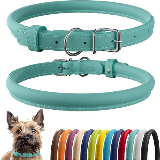 CollarDirect Rolled Leather Dog Collar, Soft Padded Round Puppy Collar, Handmade Genuine Leather Collar Dog Small Large Cat Collars 13 Colors (6-7 Inch, Mint Green Smooth)