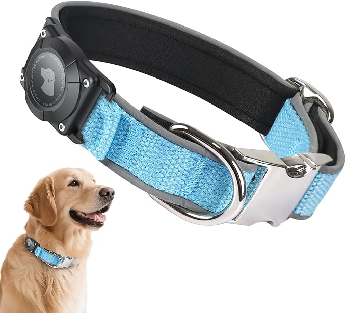Waterproof Airtag Dog Collar - Nylon Collar with Durable Airtag Holder, Reflective&Anti-Lost with Safety Metal Buckle, Soft Padded Adjustable for Small Medium Large Dogs Blue XL