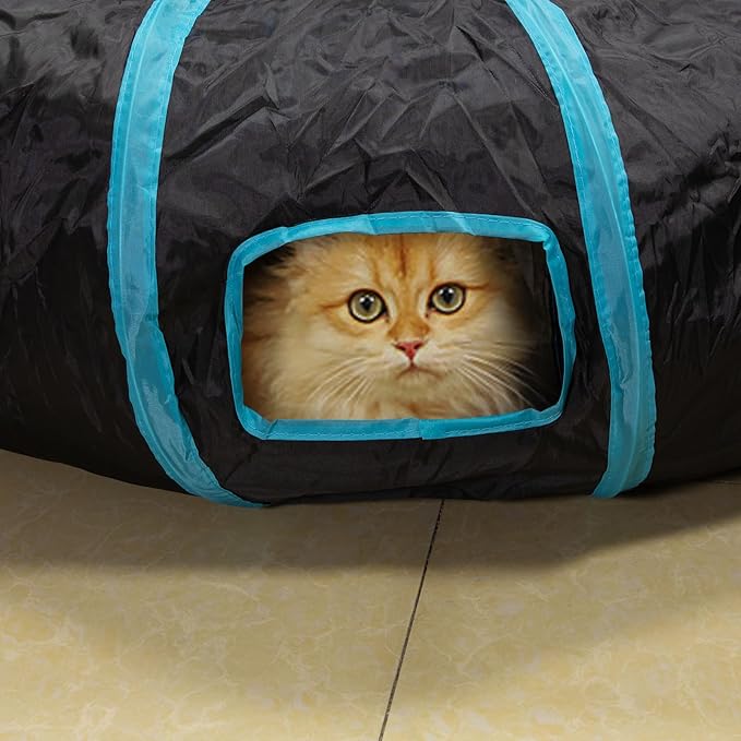 Cat Tunnel, S-2-Way Cat Tunnels for Indoor Cats, Interactive Toy Maze Cat House, Foldable Cat Tubes and Tunnels for Cats Kittens, Puppies, Kitty, Kitten, Rabbit, Guinea Pigs (Blue & Black)