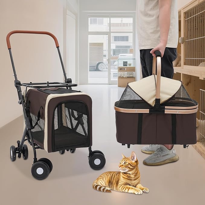 2-Layers Pet Stroller for 2 Cats/Dogs,Foldable Lightweight 77lbs Capacity Carrier, 4 Wheels, Removable Basket & Storage Pocket,for Small Pets (Coffee)
