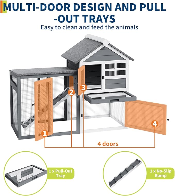 2-Tier Rabbit & Chicken House,Wooden Chicken Coop & Bunny Cage with Non-Slip Ramp, 4 Doors,Waterproof Roof & Pull-Out Tray,Outdoor/Indoor Pet Cage
