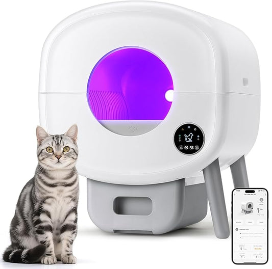 Self Cleaning Litter Box,Large Capacity Automatic Cat Litter Box Self Cleaning for Multiple Cats with App Control and Safety Protection,2 Roll Litter Bags,White