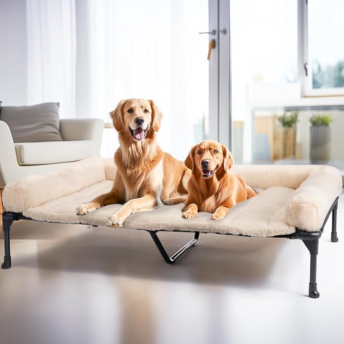 Veehoo Cooling Elevated Dog Bed with Fluffy Plush Bolster Cushion, Indoor Raised Dog Beds for Large Dogs, Soft Pet Sofa Cot with Removable Washable Mat, No-Slip Feet, 59 x 37 inches, Cream White