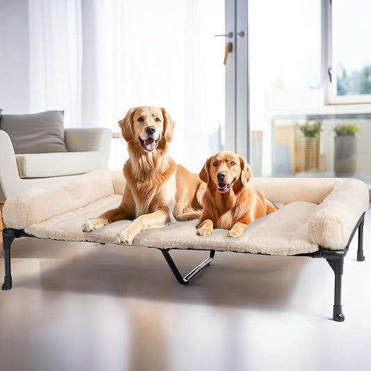 Veehoo Cooling Elevated Dog Bed with Fluffy Plush Bolster Cushion, Indoor Raised Dog Beds for Large Dogs, Soft Pet Sofa Cot with Removable Washable Mat, No-Slip Feet, 59 x 37 inches, Cream White