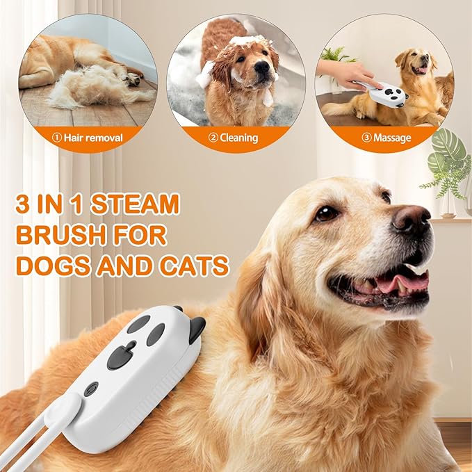 Pet Steam Brush for Dog & Cat,3-in-1 Spray Hair Removal Comb,Pet Steam Groomer Comb,Water Brush for Long & Short Haired Pets,Massage, Cleaning, Multifunctional Hair Removal Comb for Cats Dogs (White)