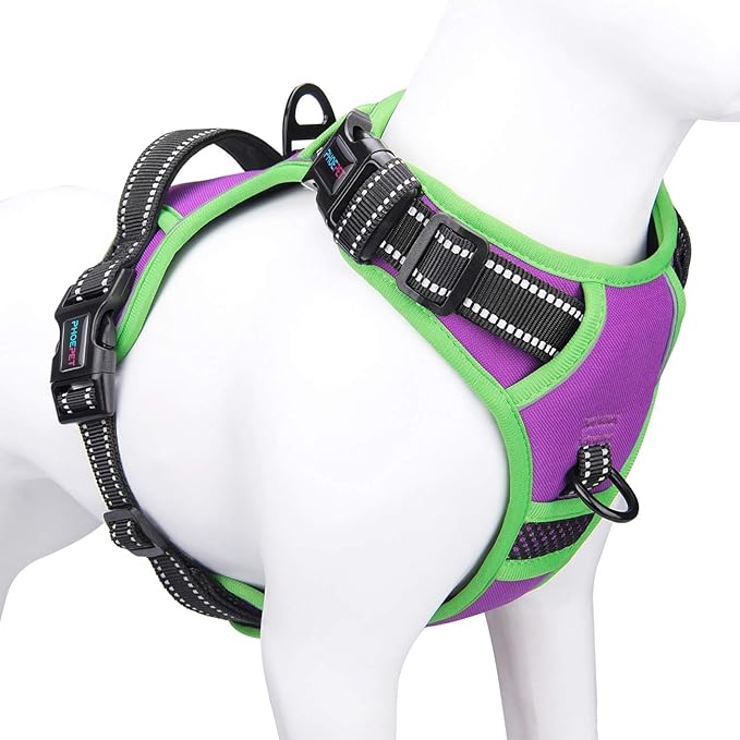 PHOEPET 2019 Upgraded No Pull Dog Harness, Reflective Adjustable Vest, with a Training Handle + 2 Metal Leash Hooks+ 3 Snap Buckles +4 Slide Buckles(L, Purple)
