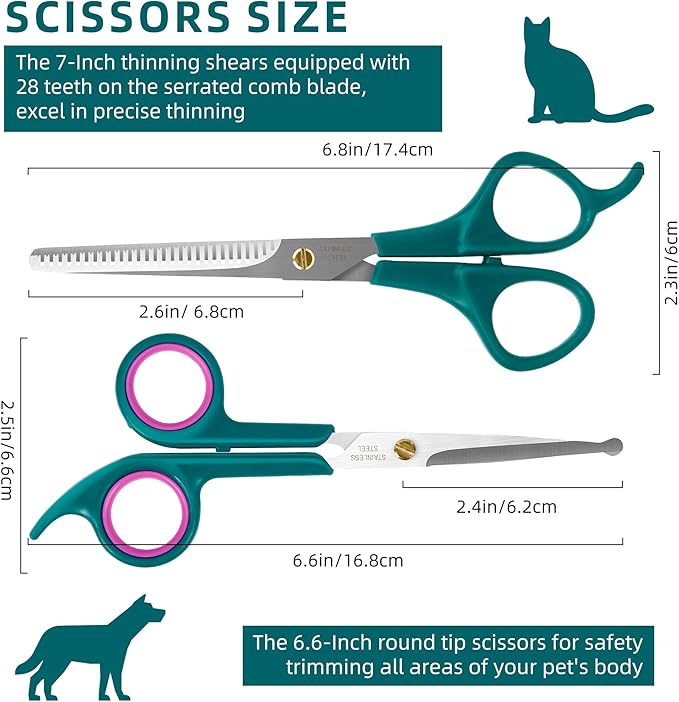 Professional Pet Grooming Kit, Stainless Steel Dog & Cat Grooming Shears with Rounded Tip Blades for Safe Fur Trimming, Thinning Shears, Straight Scissors, and Pet Comb (Set of 3)