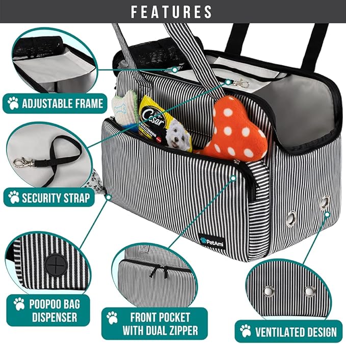 PetAmi Small Dog Purse Carrier, Soft-Sided Pet Carrier Bag with Pockets, Portable Puppy Cat Travel Handbag Tote, Airline Approved Breathable Mesh, Poop Bag Dispenser, Max 18 lbs, Stripe Black