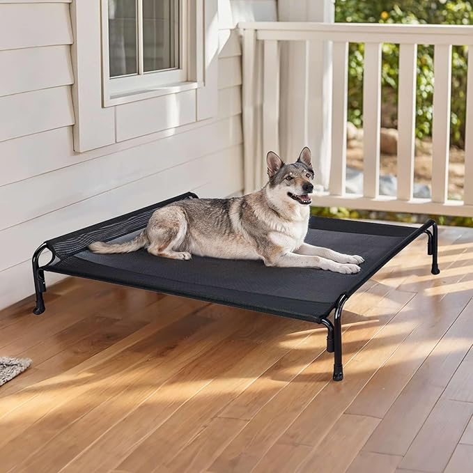 Veehoo Outdoor Elevated Dog Bed, Raised Dog Cot for Large Dogs, Cooling Washable Waterproof Pet Hammock Beds with Slope Headrest, Breathable Mesh and Sturdy Frame, Large, Black, CWC2204