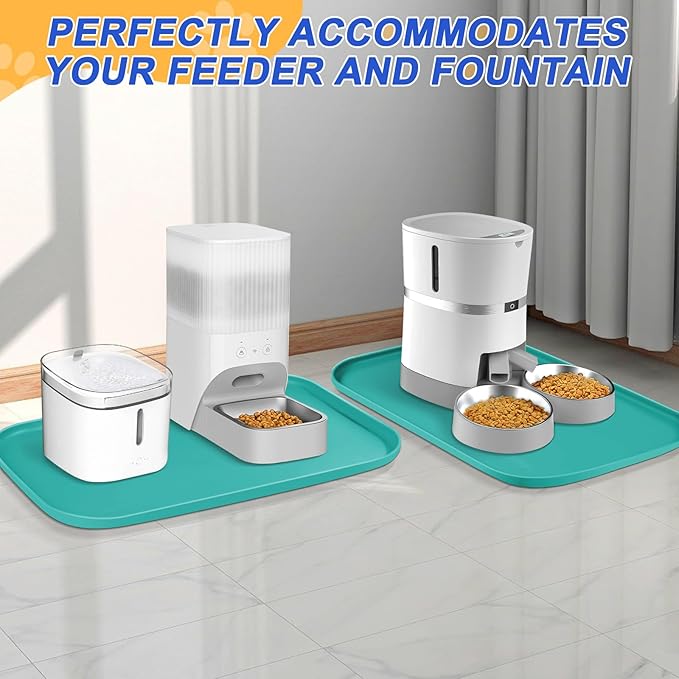 Silicone Pet Feeding Mat with Raised Edge for Food and Water, Dog Bowl Mats, Cat Bowls Placemat with High Lip for Floor Waterproof, Rubber Tray for Cats and Dogs 22 x 14 x0.8 Dark Turquoise