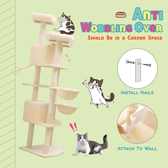 SHA CERLIN 73in Fan-Shaped Corner Cat Tower for Save Space/Multi-Level Tall Cat Tree for Indoor Kitties/Condo with Baskets/Cozy Perches/Sisal Scratching Posts/Pet Activity House/Beige