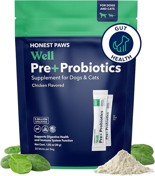 Honest Paws Probiotics for Dogs - Digestive & Immune Support Powder with Prebiotic Made in The USA, Chicken Flavor (30 Sticks)