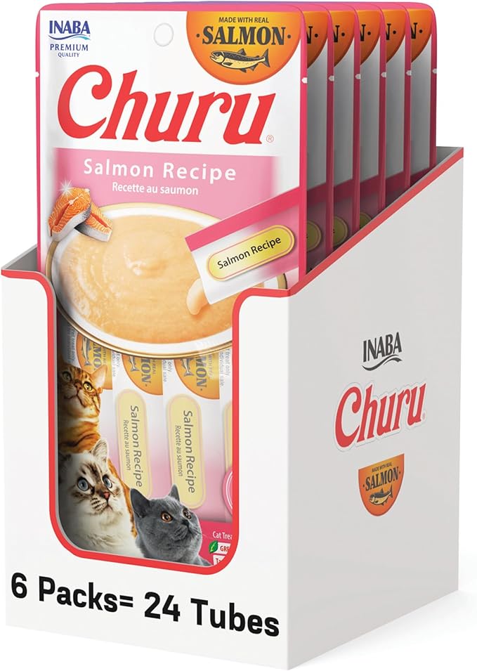 INABA Salmon Churu Cat Treats, Lickable, Squeezable Creamy Purée Cat Treat with Green Tea Extract & Taurine, 0.5 Ounces Each Tube, 24 Tubes (4 per Pack), Salmon Recipe