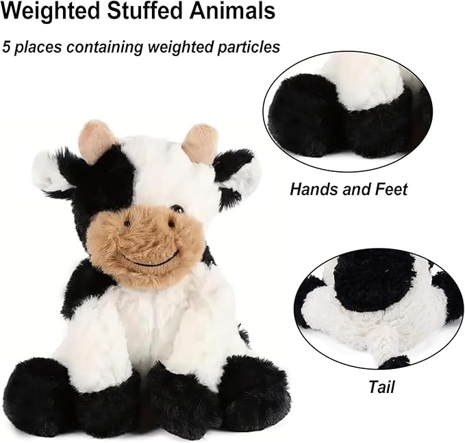 Black and White Cow Weighted Stuffed Animal 20cm/7.87in Cute Sitting Cow Plush Toy with Smile Soft Fluffy Small Farm Plushie for Kids Adults Birthday Festival Gift Bed Home Office Decor Toys