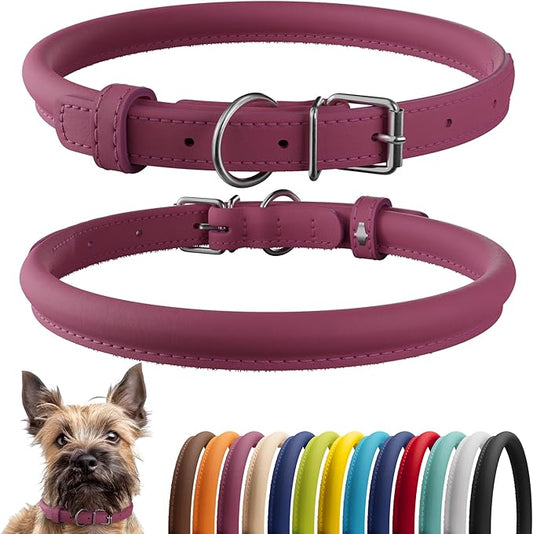 CollarDirect Rolled Leather Dog Collar, Soft Padded Round Puppy Collar, Handmade Genuine Leather Collar Dog Small Large Cat Collars 13 Colors (6 Inch, Pink Smooth)