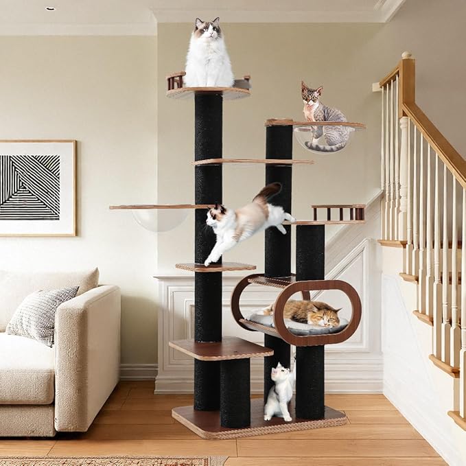 70.9'' Black Cat Tree for Indoor Cats Large Adult, Heavy Duty Cat Tower with Scratching Post, Modern Kitty Tree with Removable Mats, Semi-closed Condo and Transparent Bowl, Wooden Luxury Cat Furniture